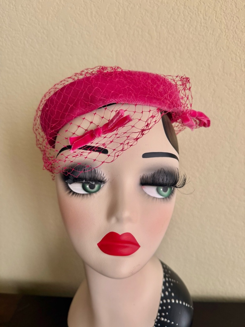Vintage Vibrant Pink Halo Hat with Netting and Pink Velvet Bows Union-Made